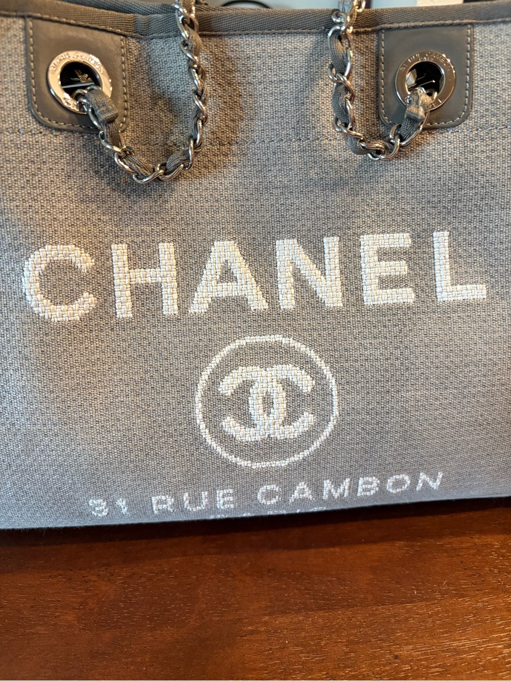 CHANEL Gray Canvas Tote with White Logo and Chain Handles
